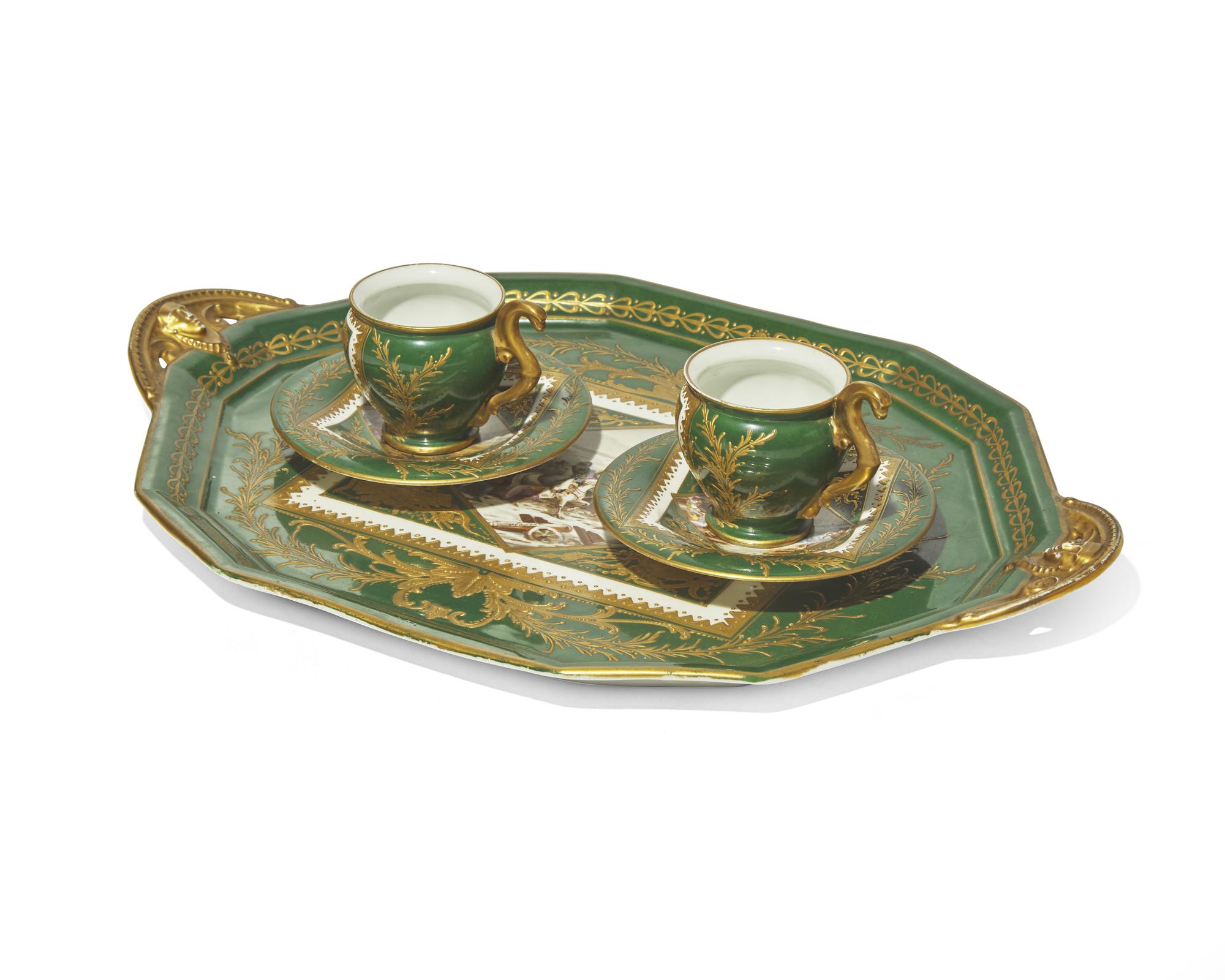 A Sèvres style Napoleonic gilt and enamel-decorated part dejeuner, bearing pseudo imperial marks, late 19th century