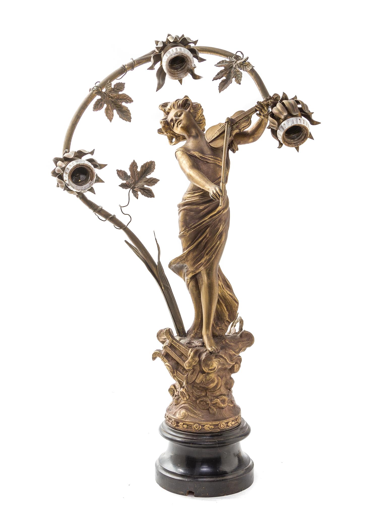 An Art Nouveau Cast Metal Three-Light Newel Post Lamp, AFTER PAUL ENGEL, Height 26 inches. — AFTER PAUL ENGEL,