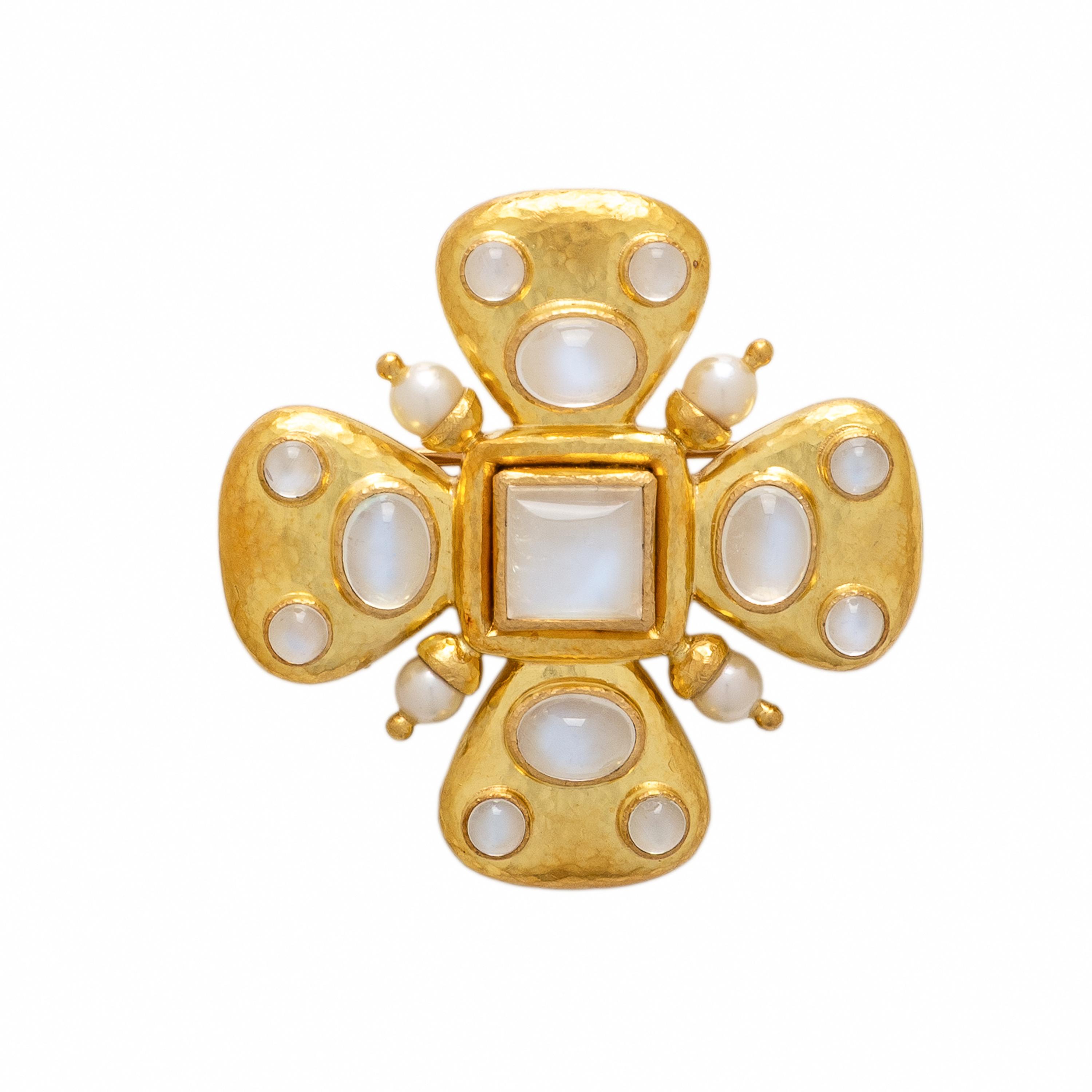 Elizabeth Locke, Cultured Pearl, Moonstone, and Yellow Gold Maltese Cross Pendant Necklace