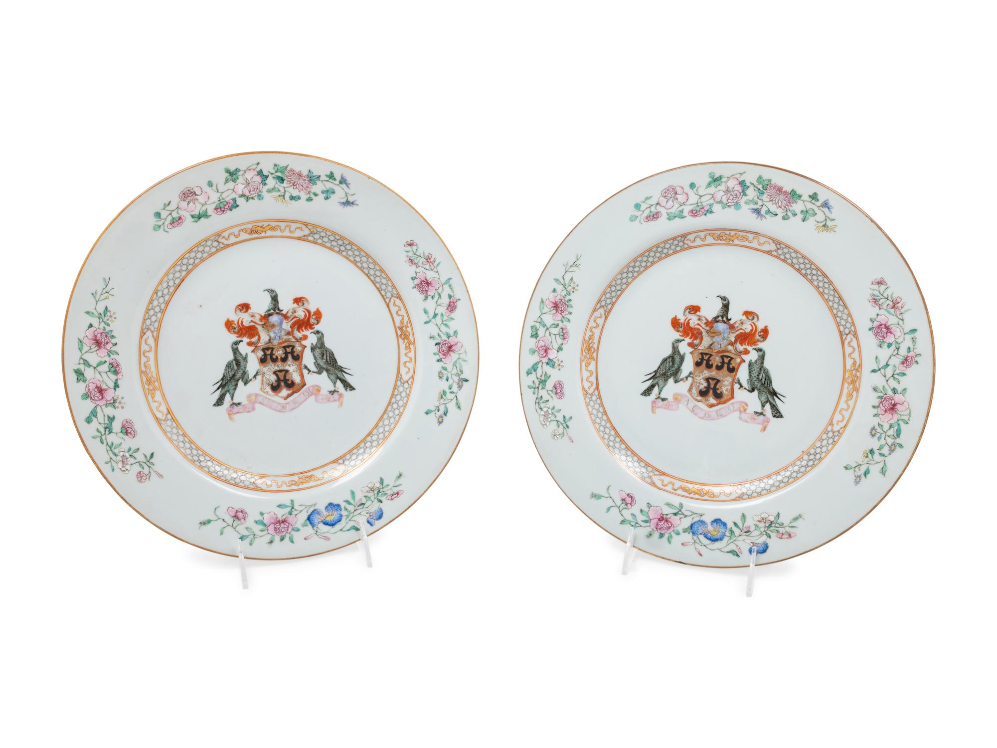 A Pair of Chinese Export Porcelain Armorial Chargers Bearing the Arms of Rose