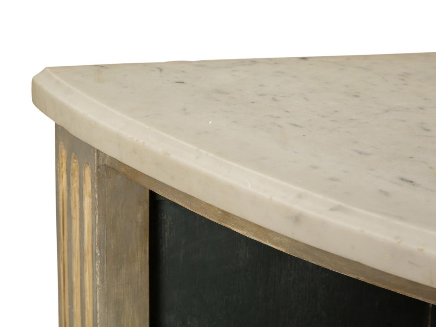 A Louis XVI Style Grey-Painted Marble-Top Demilune Cabinet