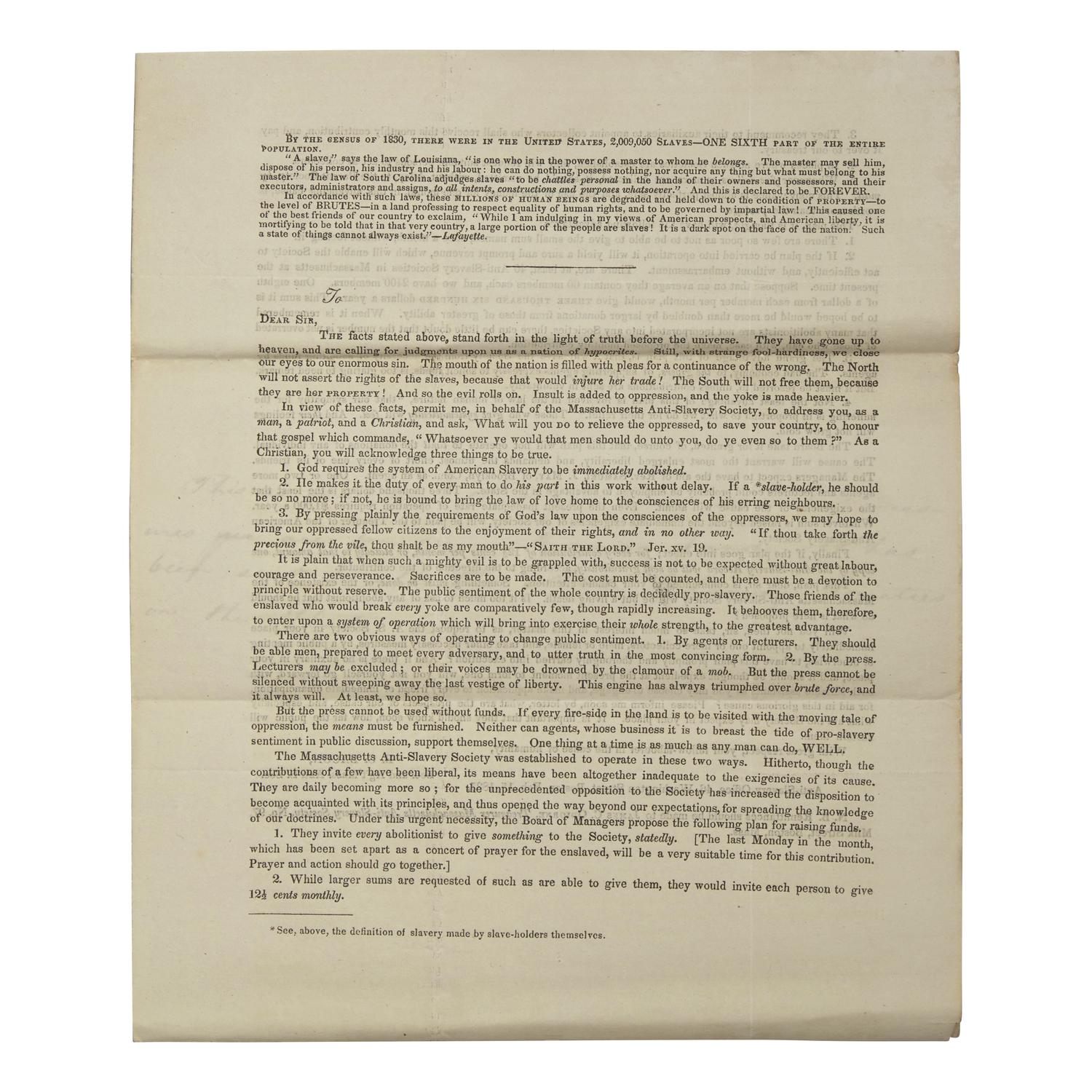 [African-Americana] (Bacon, Benjamin C.) Massachusetts Anti-Slavery Society Printed Circular
