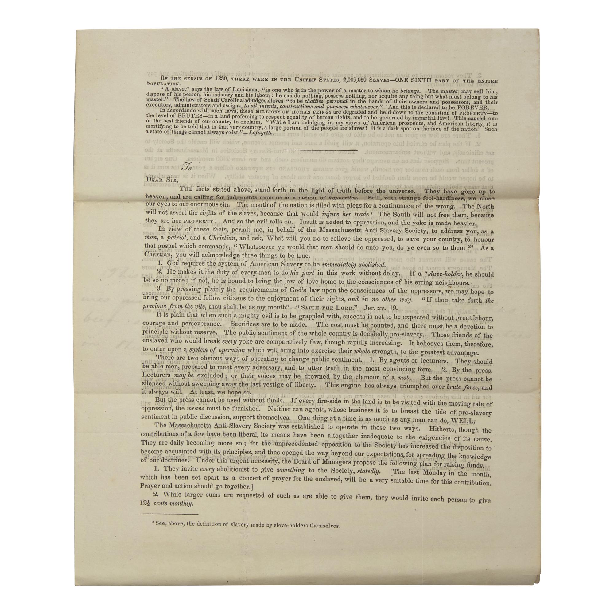 [African-Americana] (Bacon, Benjamin C.) Massachusetts Anti-Slavery Society Printed Circular