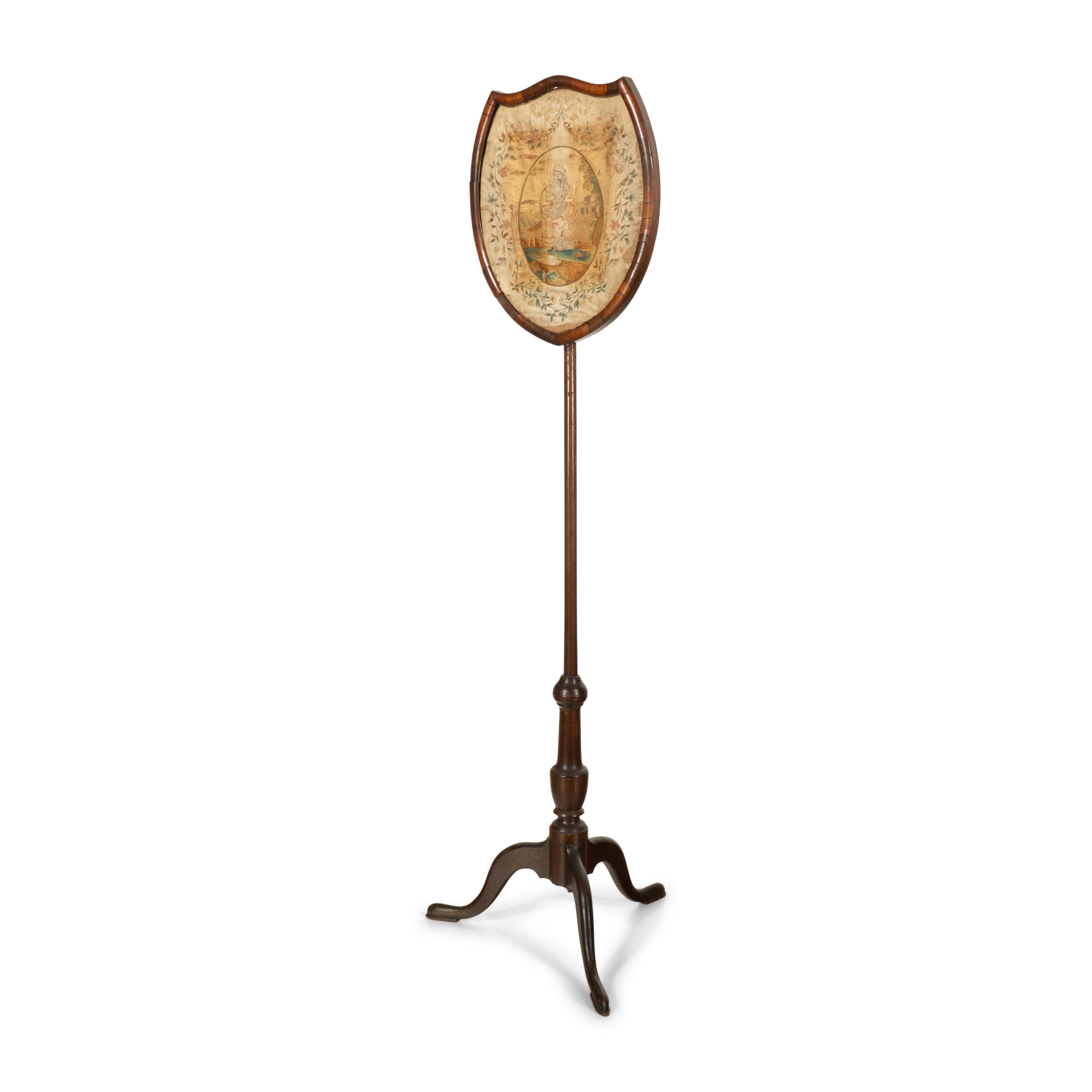A Regency Needlework Upholstered Shield-Form Fire Screen
