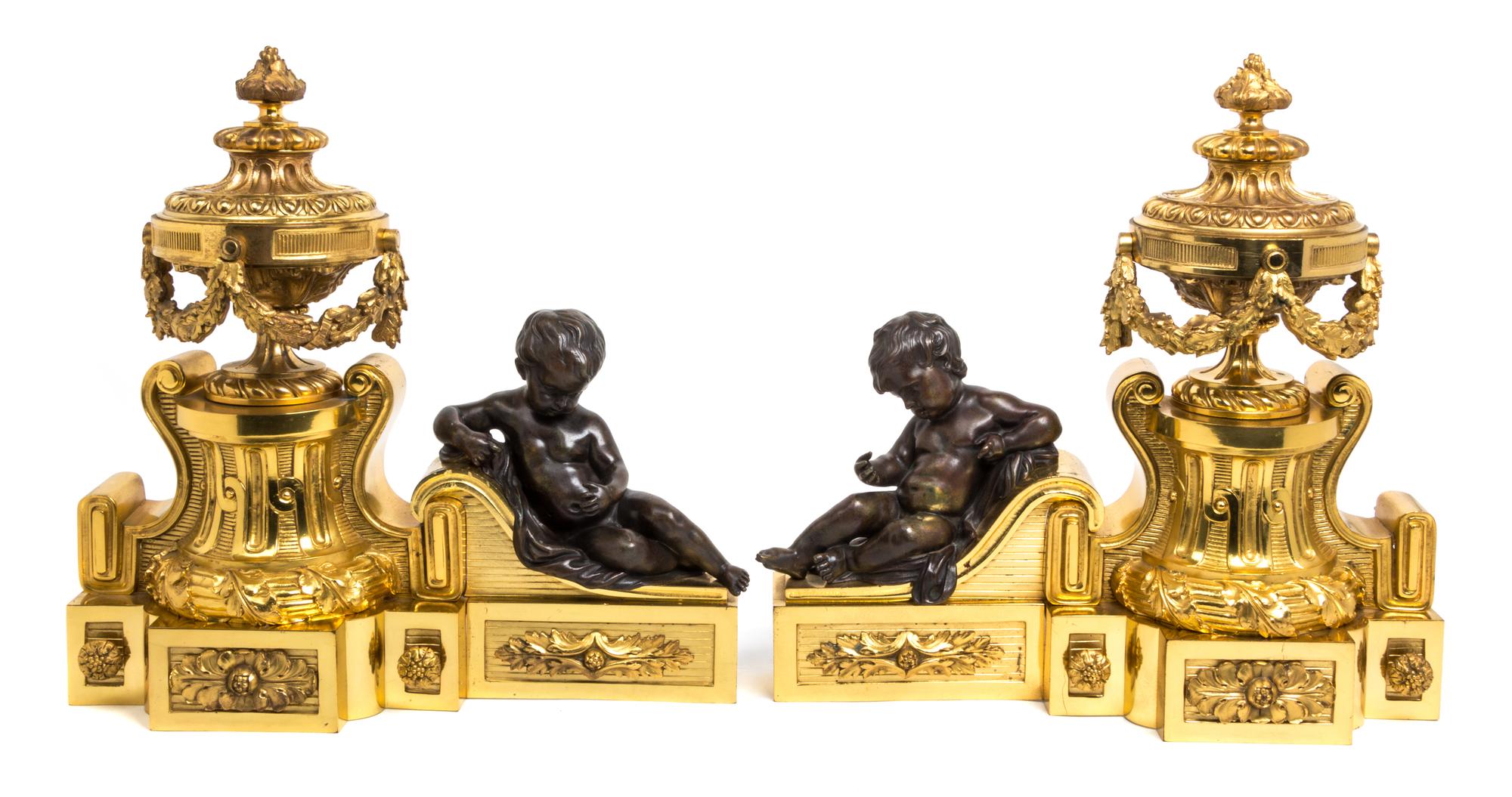 A Pair of Louis XVI Style Gilt and Patinated Bronze Figural Chenets Height 18 1/4 inches. — 19TH CENTURY