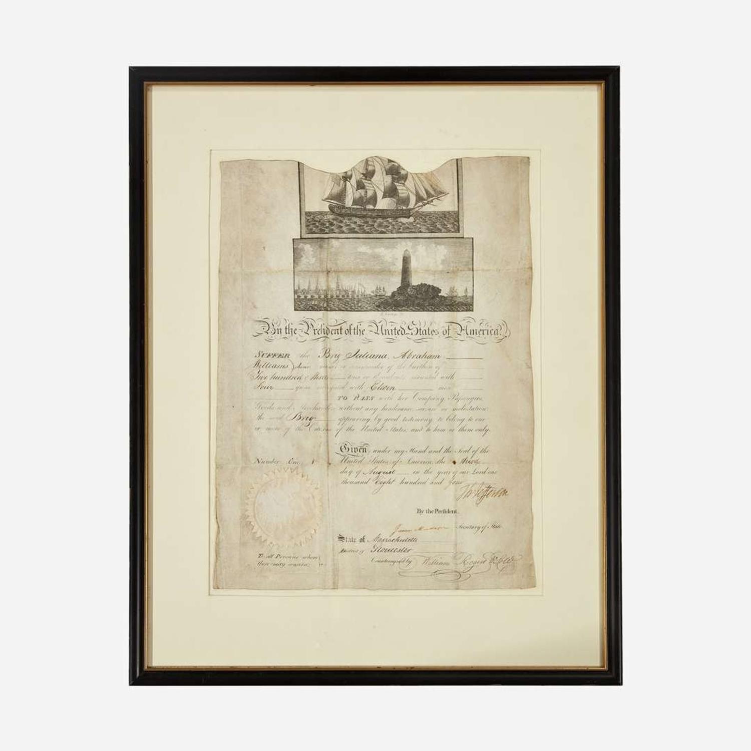 [Presidential] Jefferson, Thomas Signed Ship's Passport