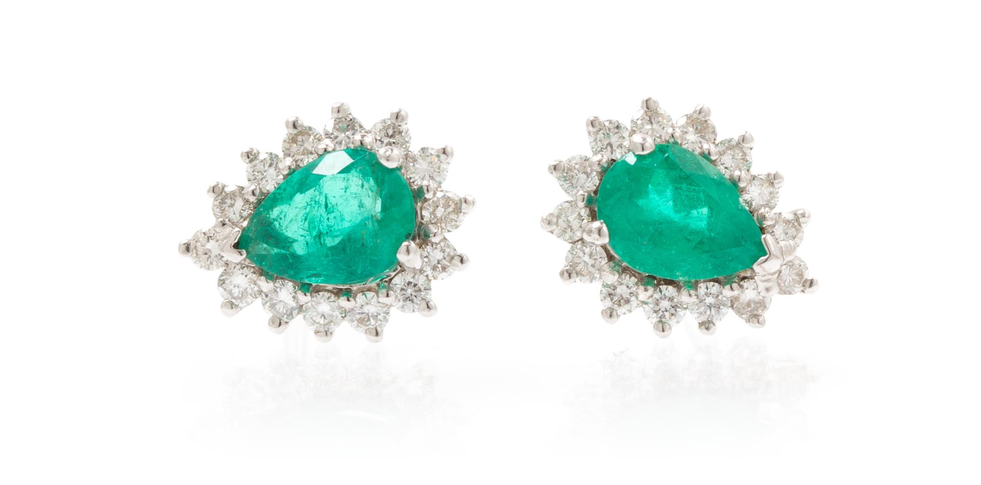 A Pair of White Gold, Emerald and Diamond Earrings, 2.60 dwts.