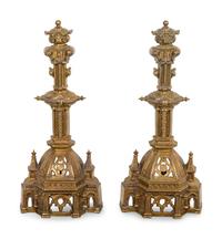 A Pair of Gothic Style Bronze Andirons — 19TH CENTURY