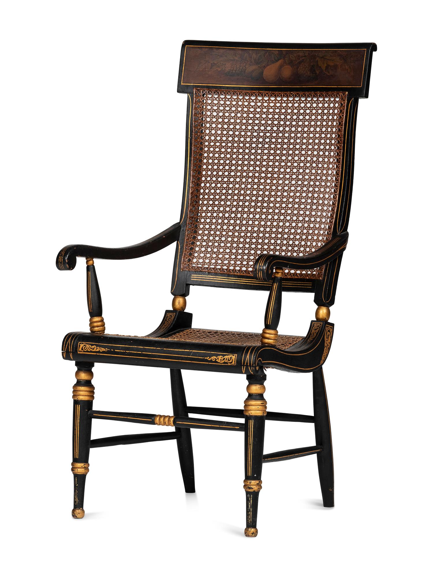 A Classical Carved, Painted and Parcel Gilt Wood Cane Seat Hitchcock Armchair