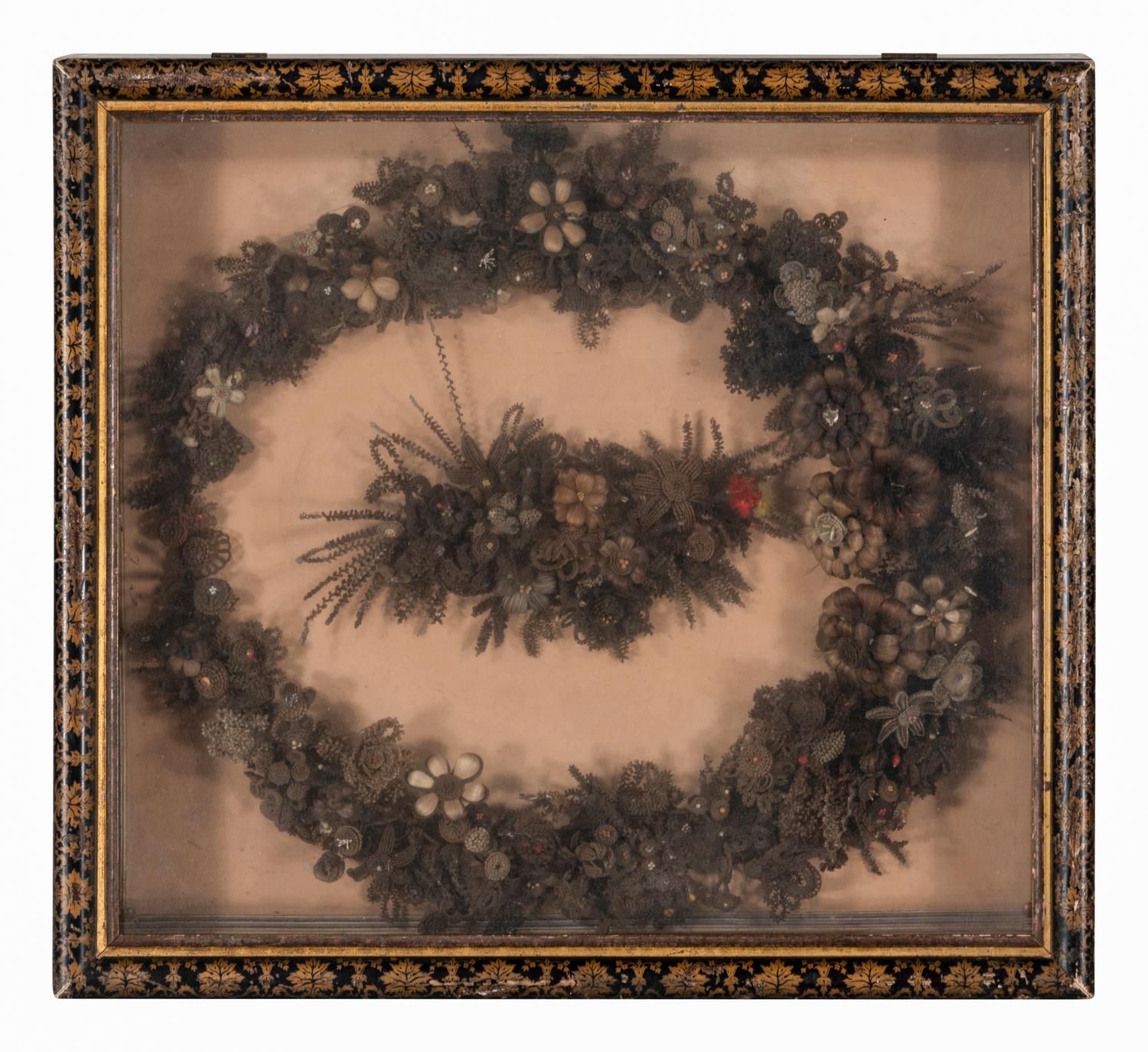 A Large Framed Victorian Hairwork Wreath