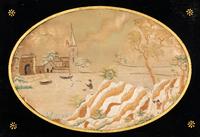 An American School Folk Art Silk Weaving Under Reverse Painted Glass
