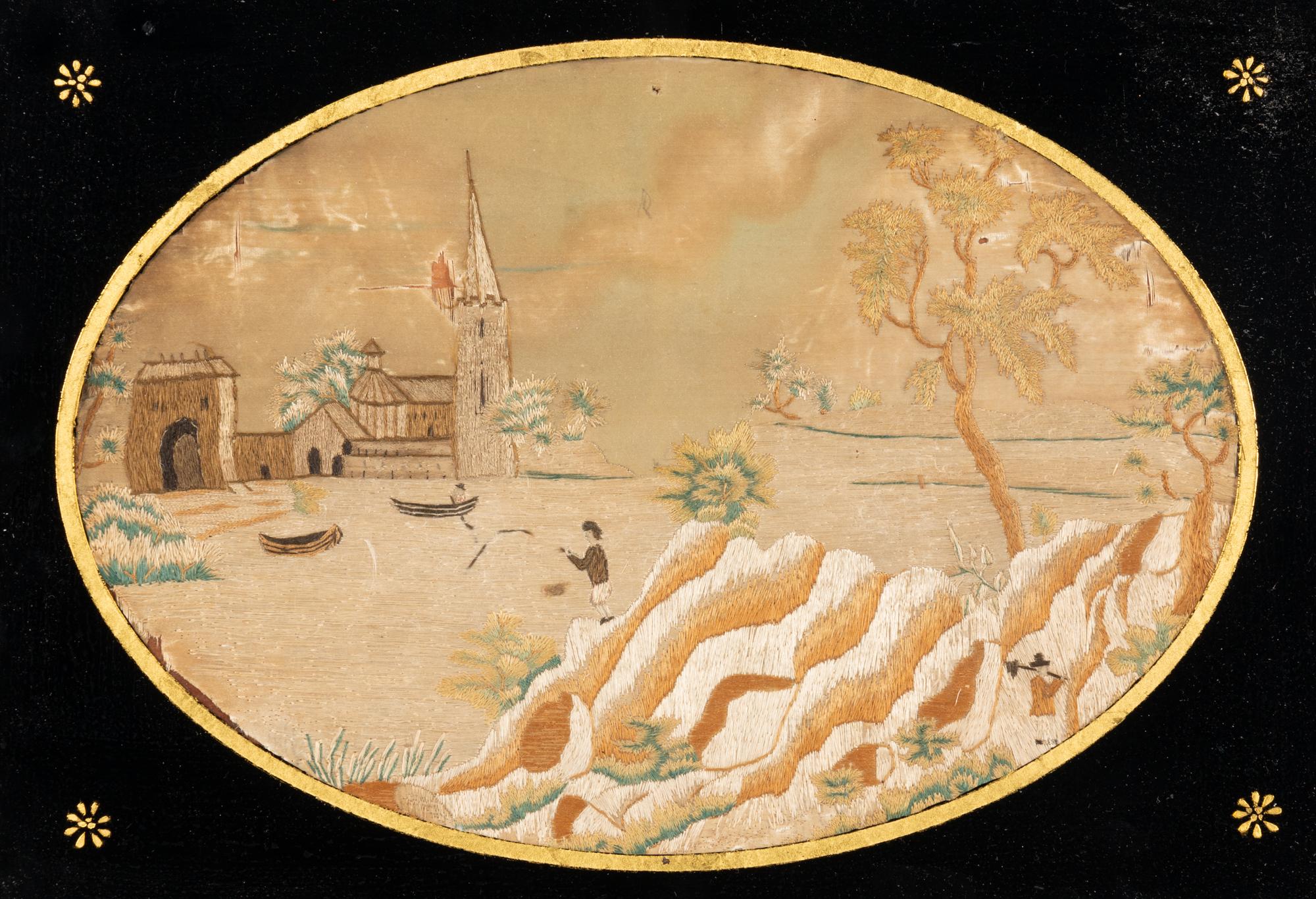 An American School Folk Art Silk Weaving Under Reverse Painted Glass