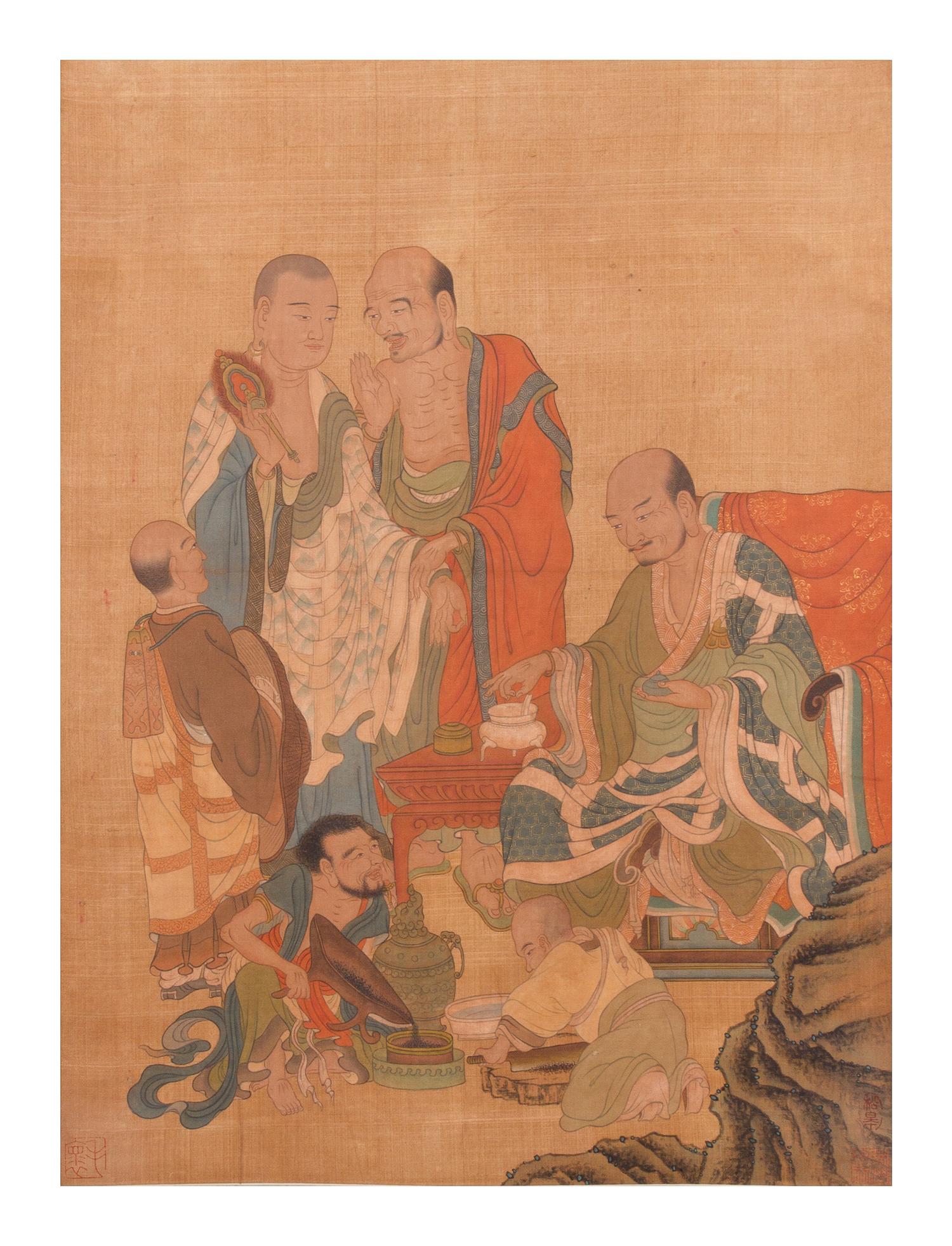 A Ink and Color on Silk Scroll Height of image 22 1/4 x width 16 3/4 inches.