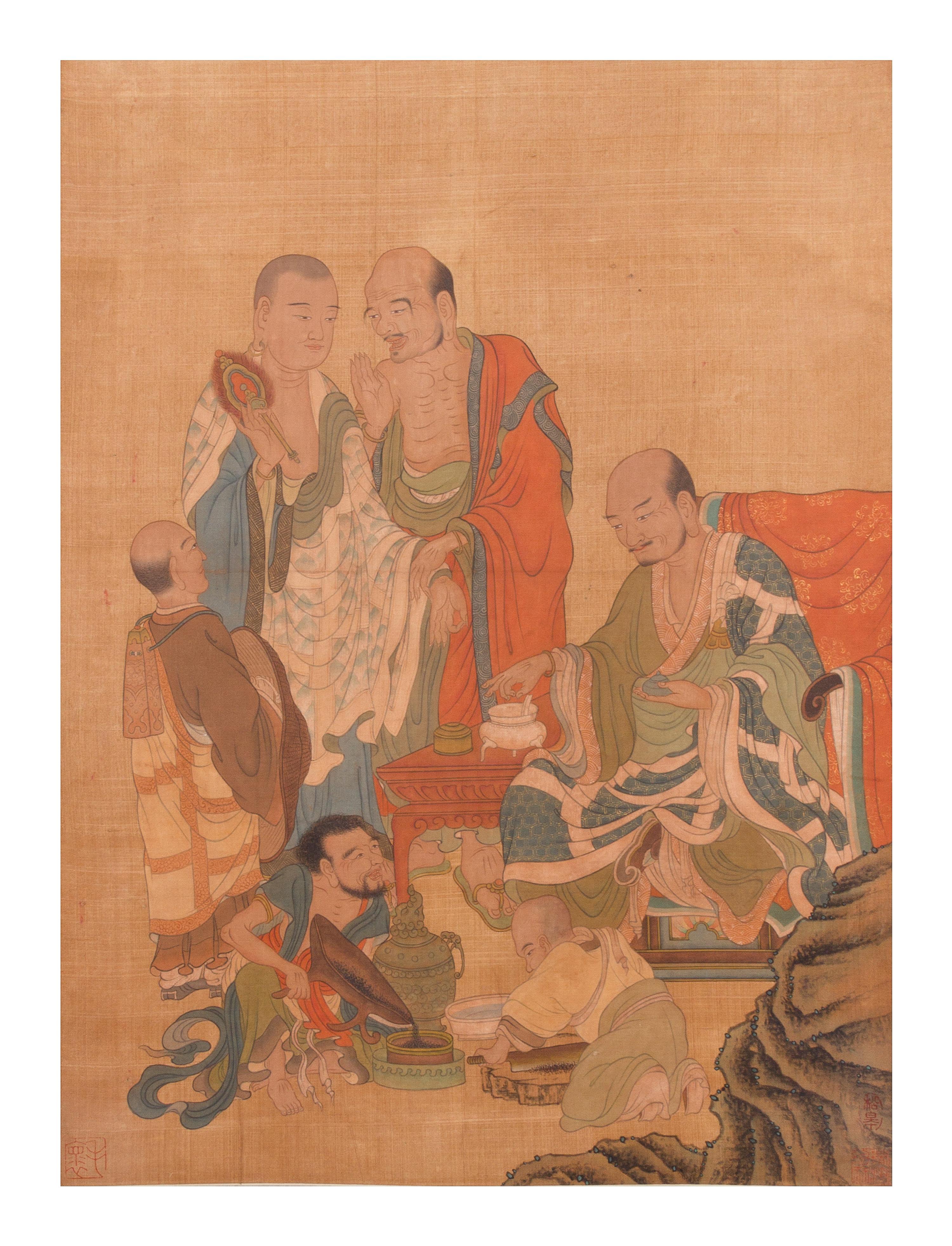 A Ink and Color on Silk Scroll Height of image 22 1/4 x width 16 3/4 inches.