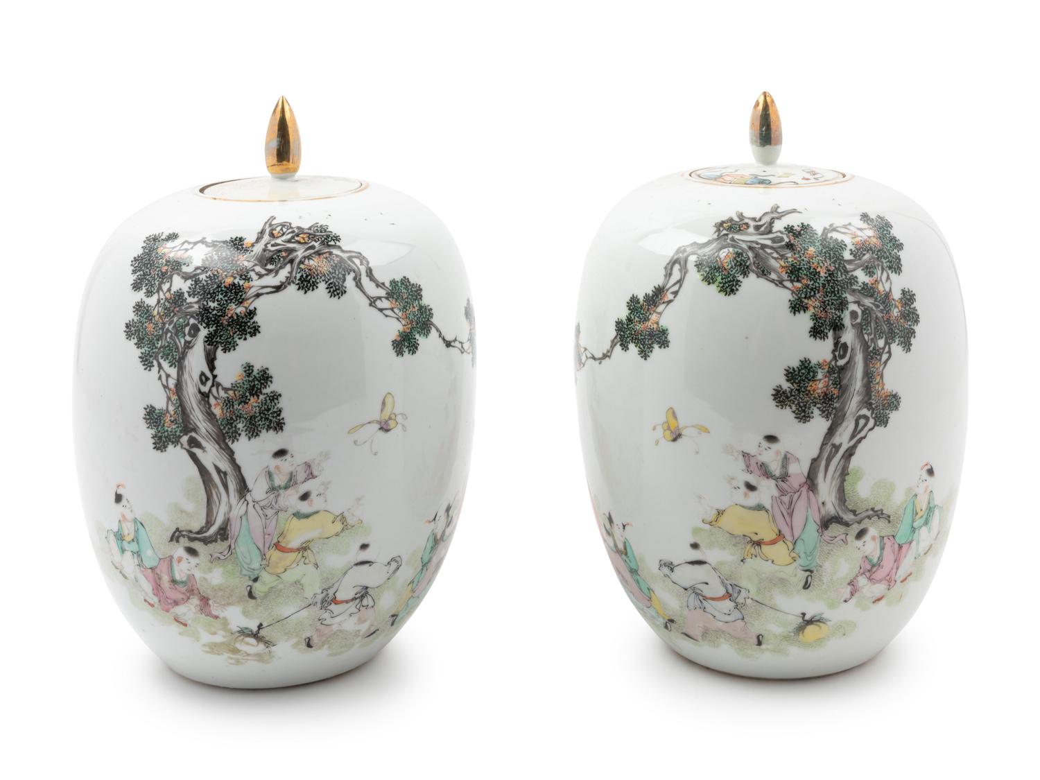 A Pair of Chinese Porcelain Covered Jars