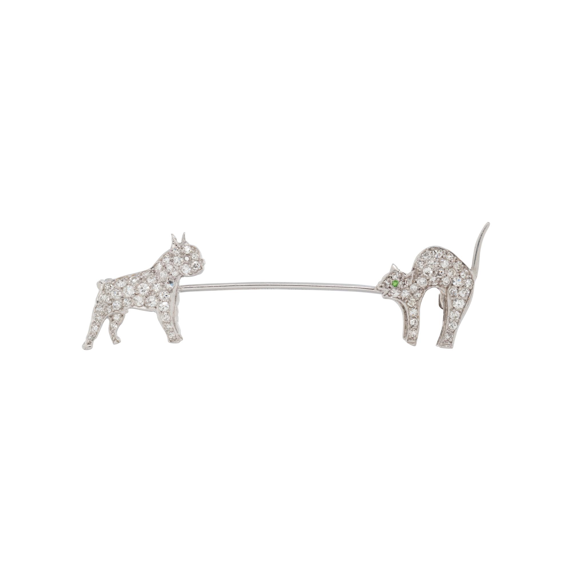 CARTIER, DIAMOND AND PLATINUM CAT AND DOG JABOT PIN