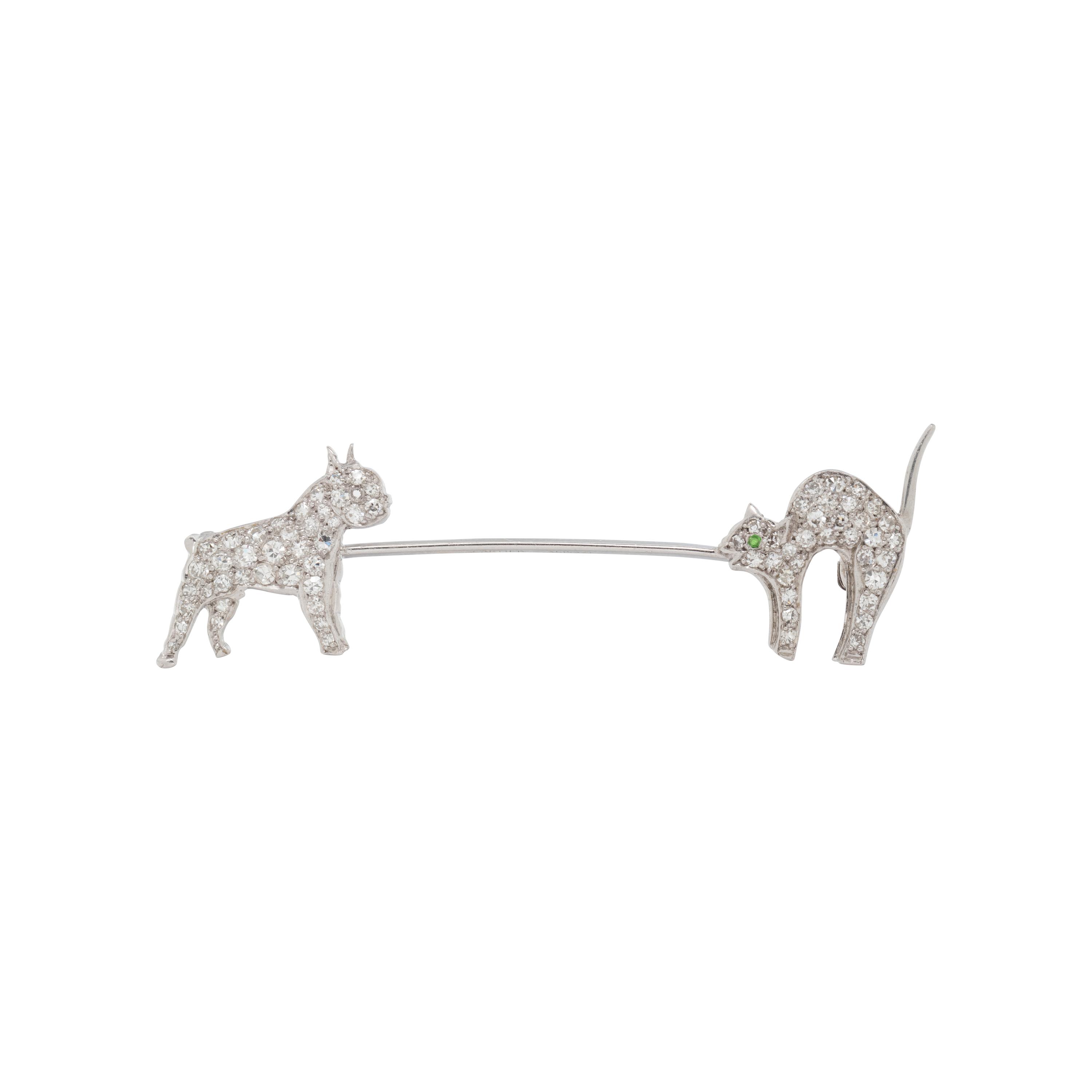 CARTIER, DIAMOND AND PLATINUM CAT AND DOG JABOT PIN