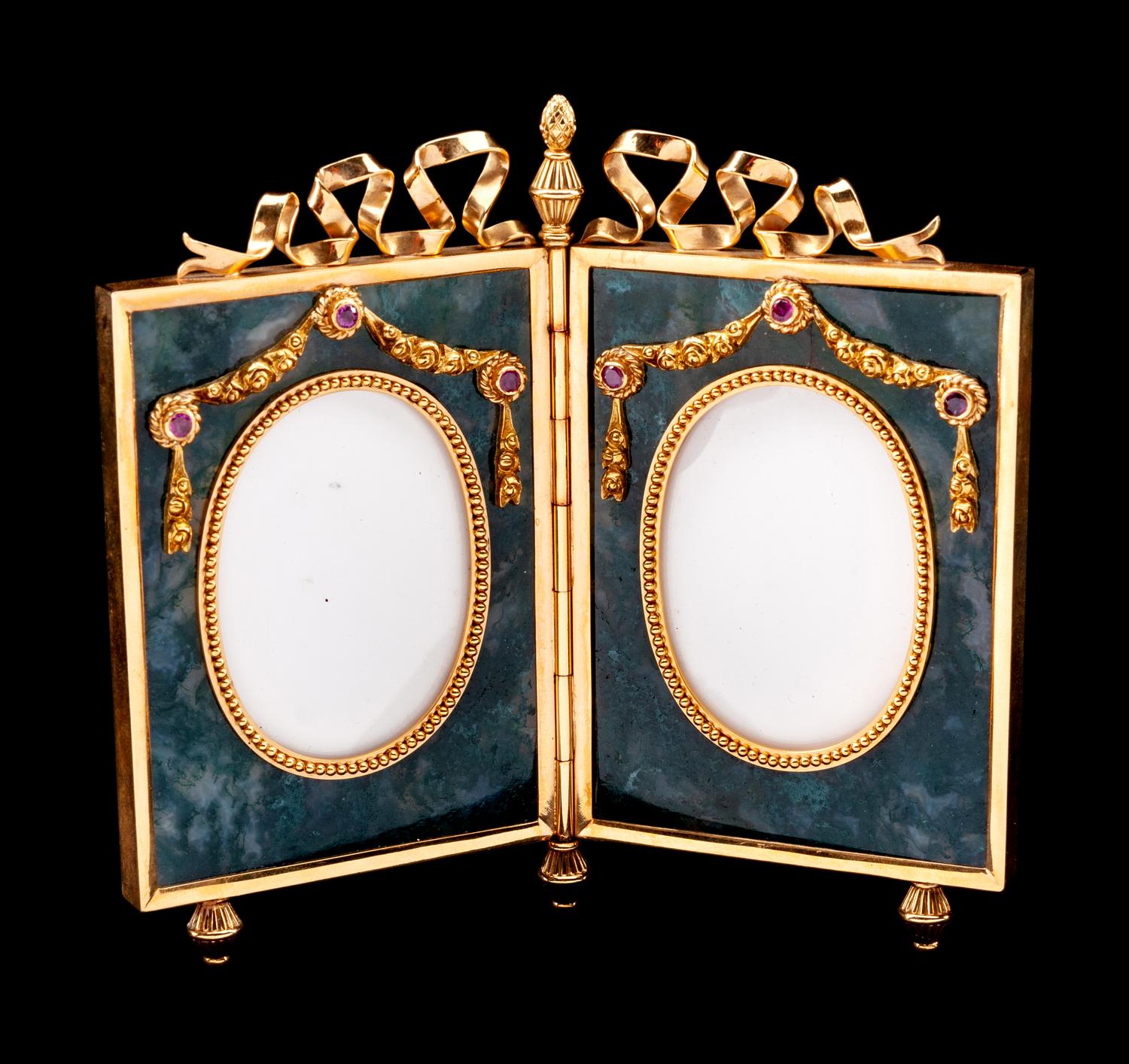 A Continental 18-Karat Gold, Ruby and Hardstone Mounted Double Picture Frame