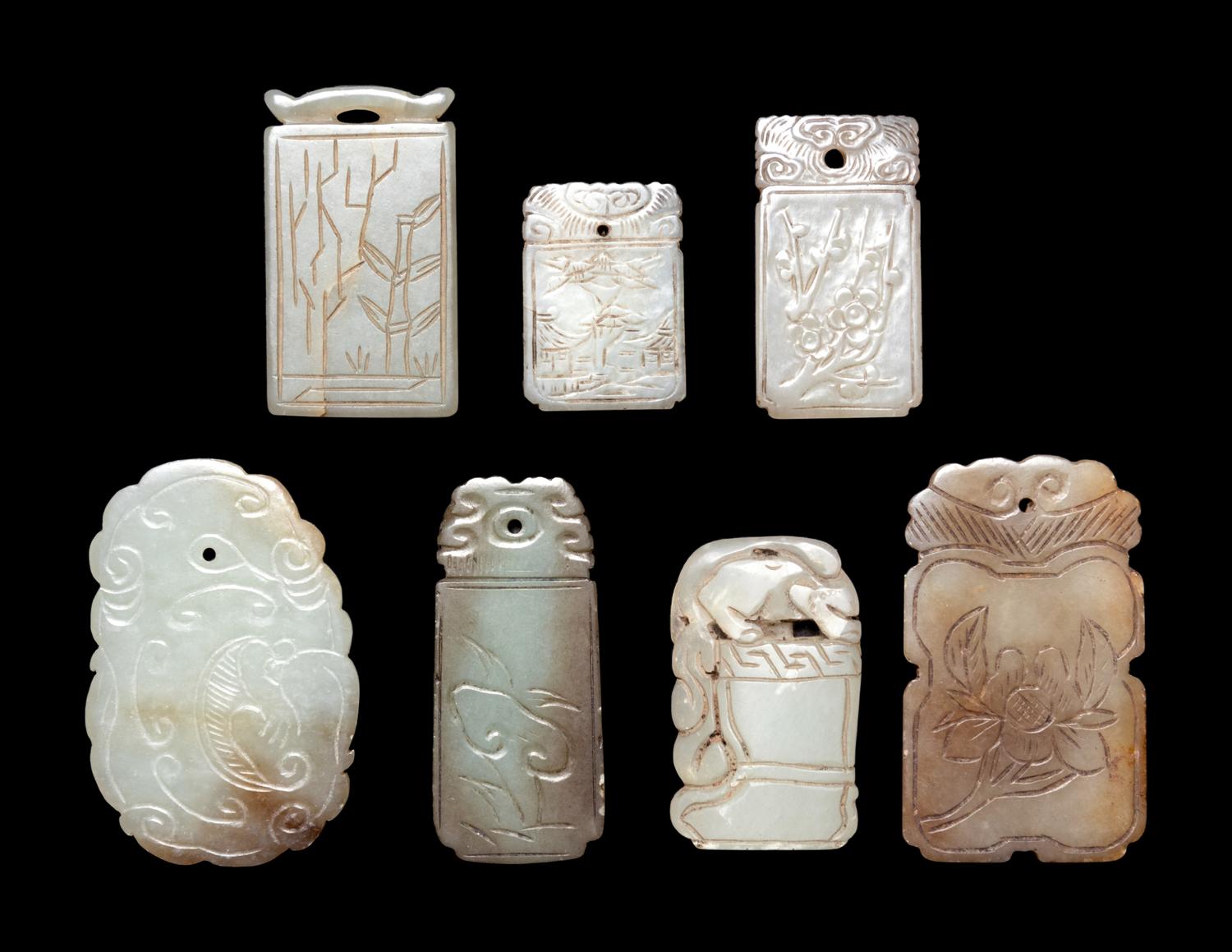 Seven Chinese Celadon Jade Carved Plaques