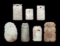 Seven Chinese Celadon Jade Carved Plaques