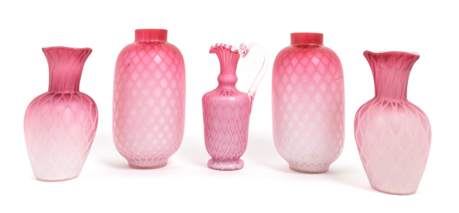 Two Pairs Victorian Mother-of-Pearl Satin Vases Height of tallest pair 8 1/4 inches — 19TH CENTURY