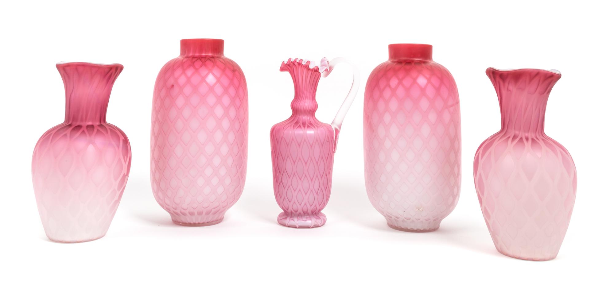 Two Pairs Victorian Mother-of-Pearl Satin Vases Height of tallest pair 8 1/4 inches — 19TH CENTURY