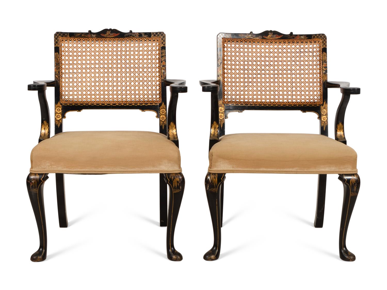 A Pair of Black and Gilt-Japanned Open Armchairs