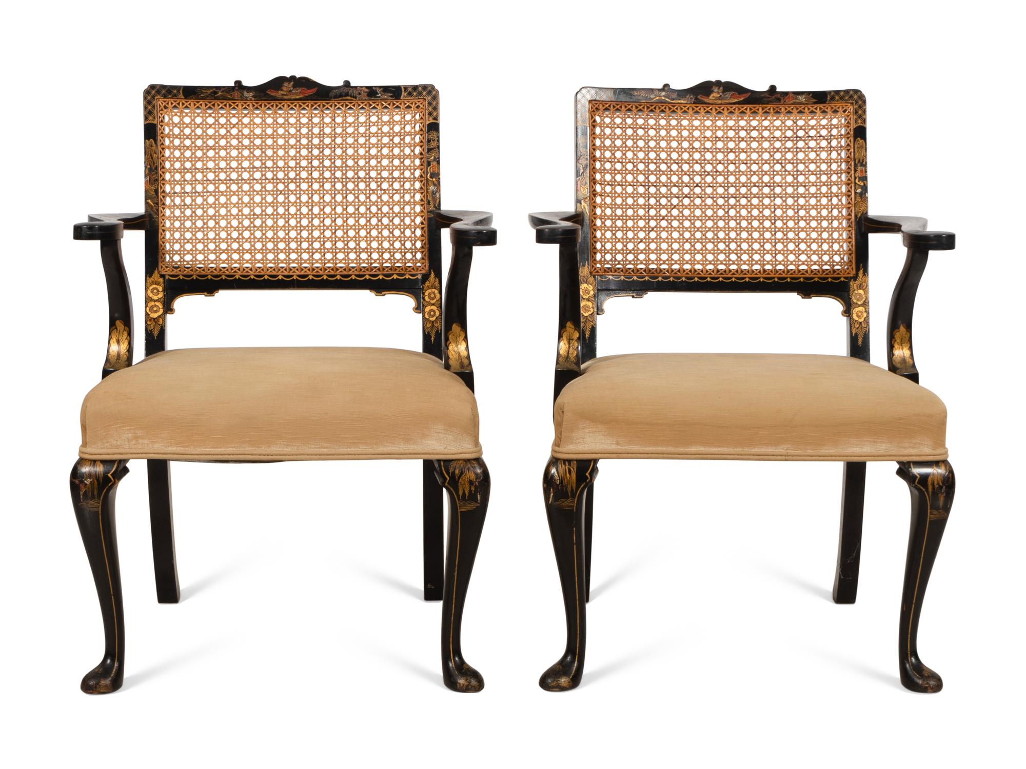 A Pair of Black and Gilt-Japanned Open Armchairs