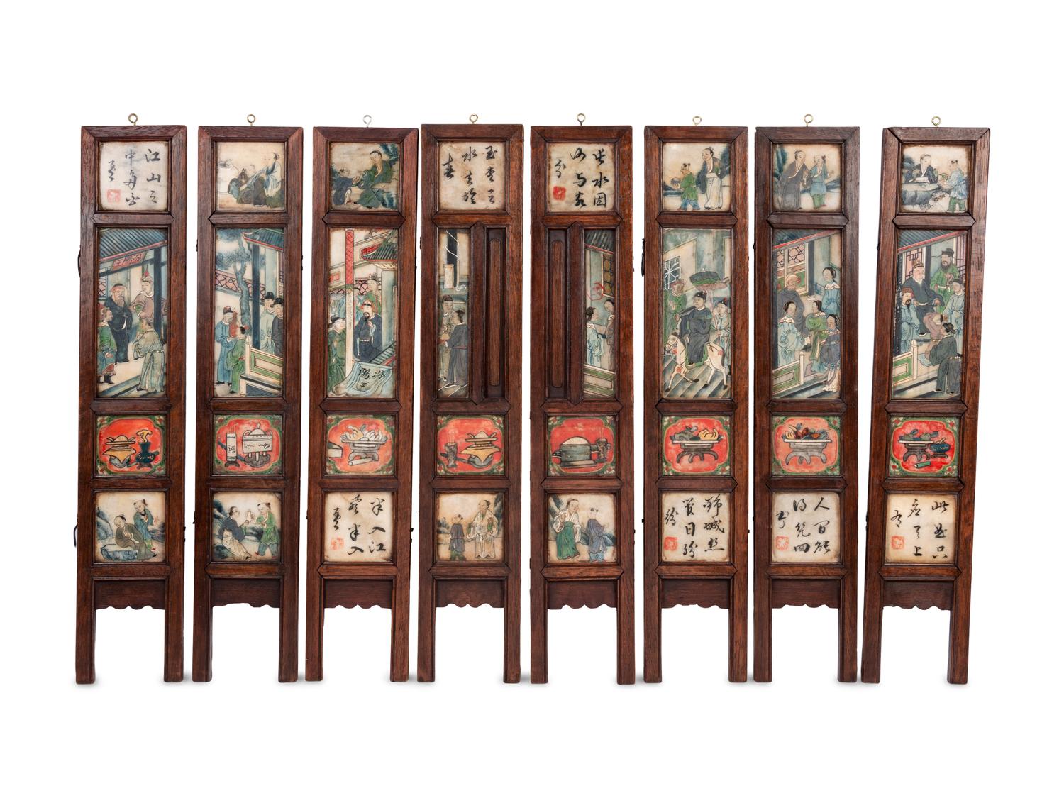 A Chinese Painted and Hardstone Inset Wood Eight-Panel Table Screen