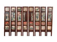 A Chinese Painted and Hardstone Inset Wood Eight-Panel Table Screen