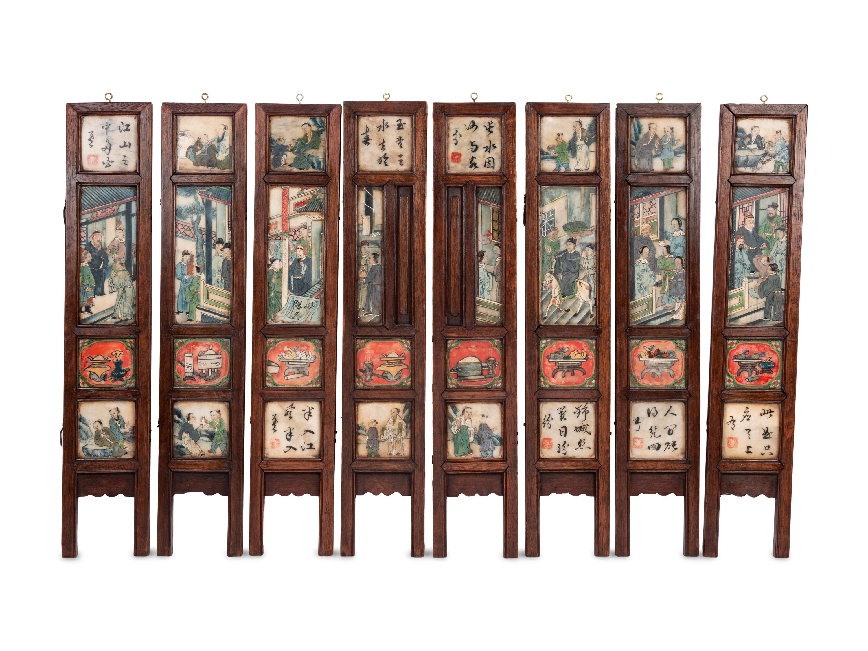 A Chinese Painted and Hardstone Inset Wood Eight-Panel Table Screen