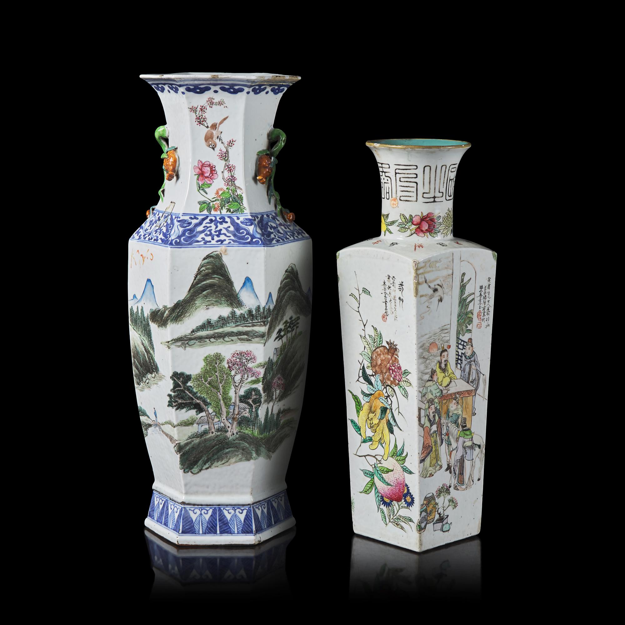 Two Chinese Porcelain Faceted Vases 粉彩方瓶兩件