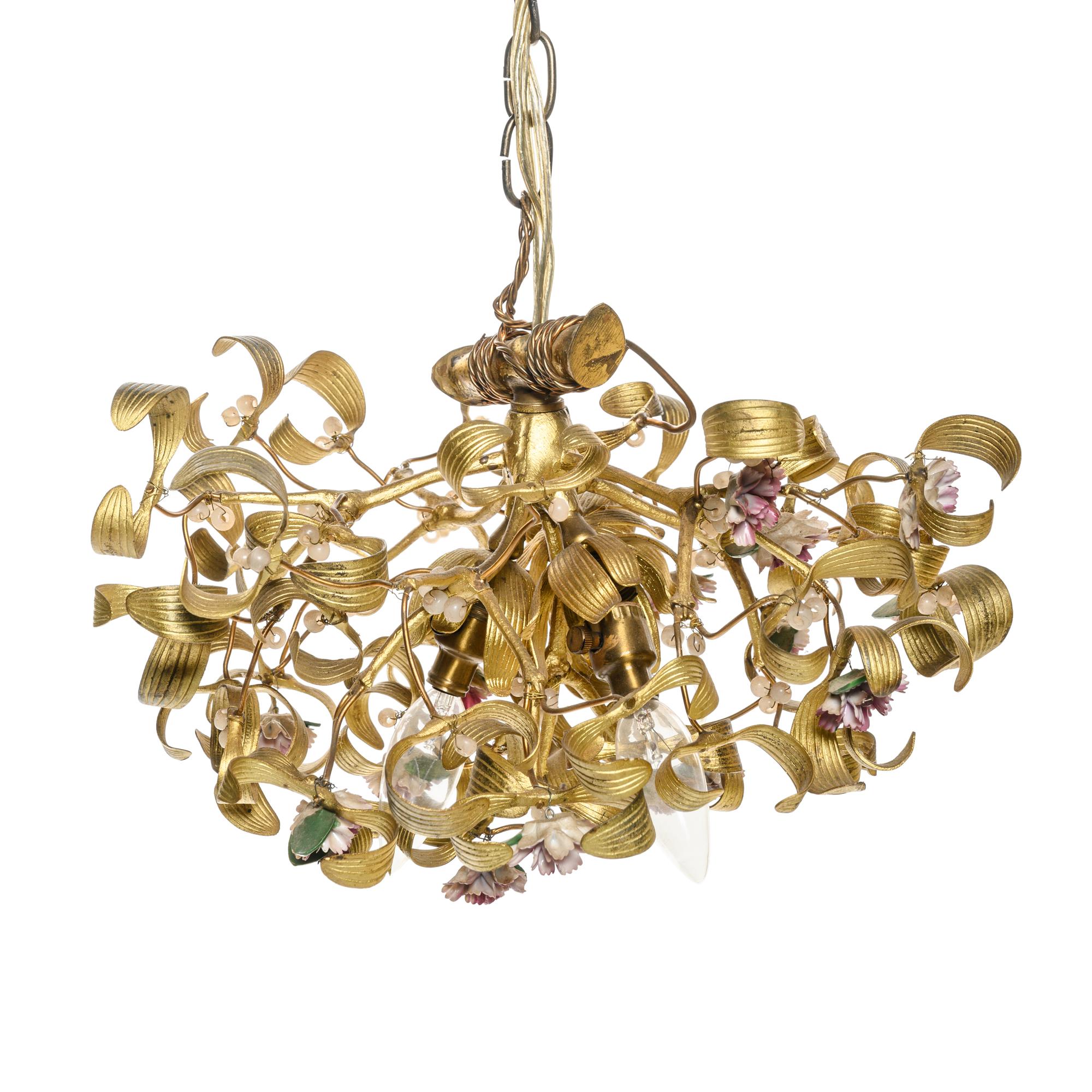 A Gilt Metal and Porcelain Three-Light Chandelier