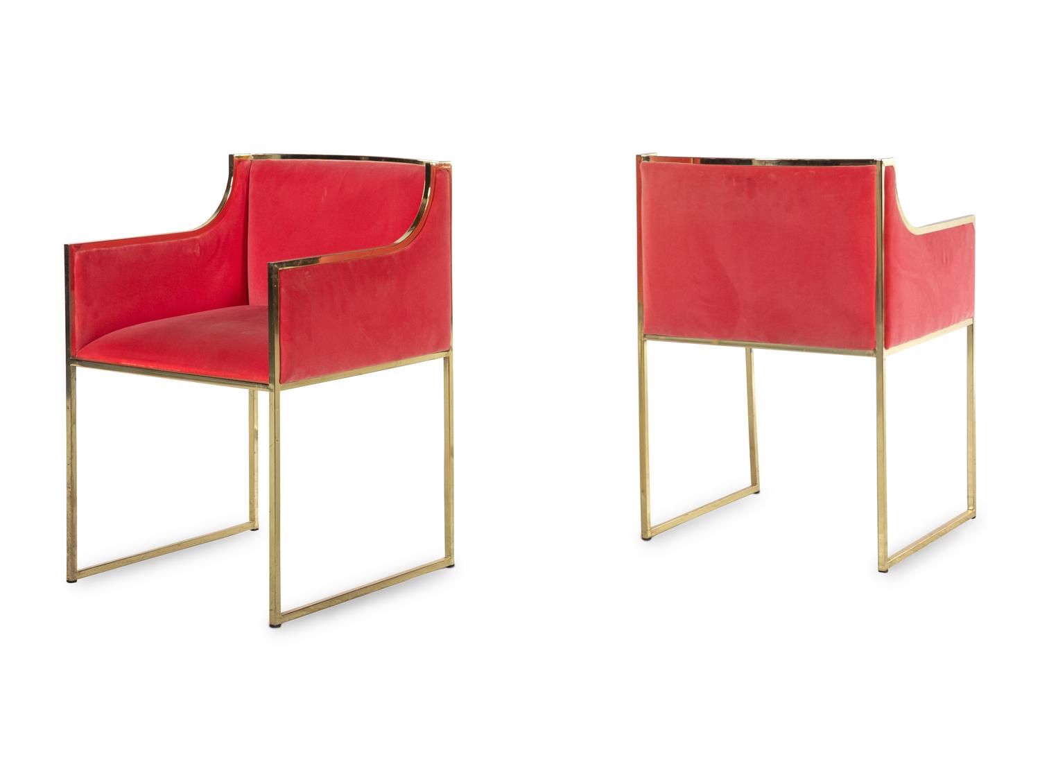 A Pair of Contemporary Velvet Upholstered Brass Armchairs
