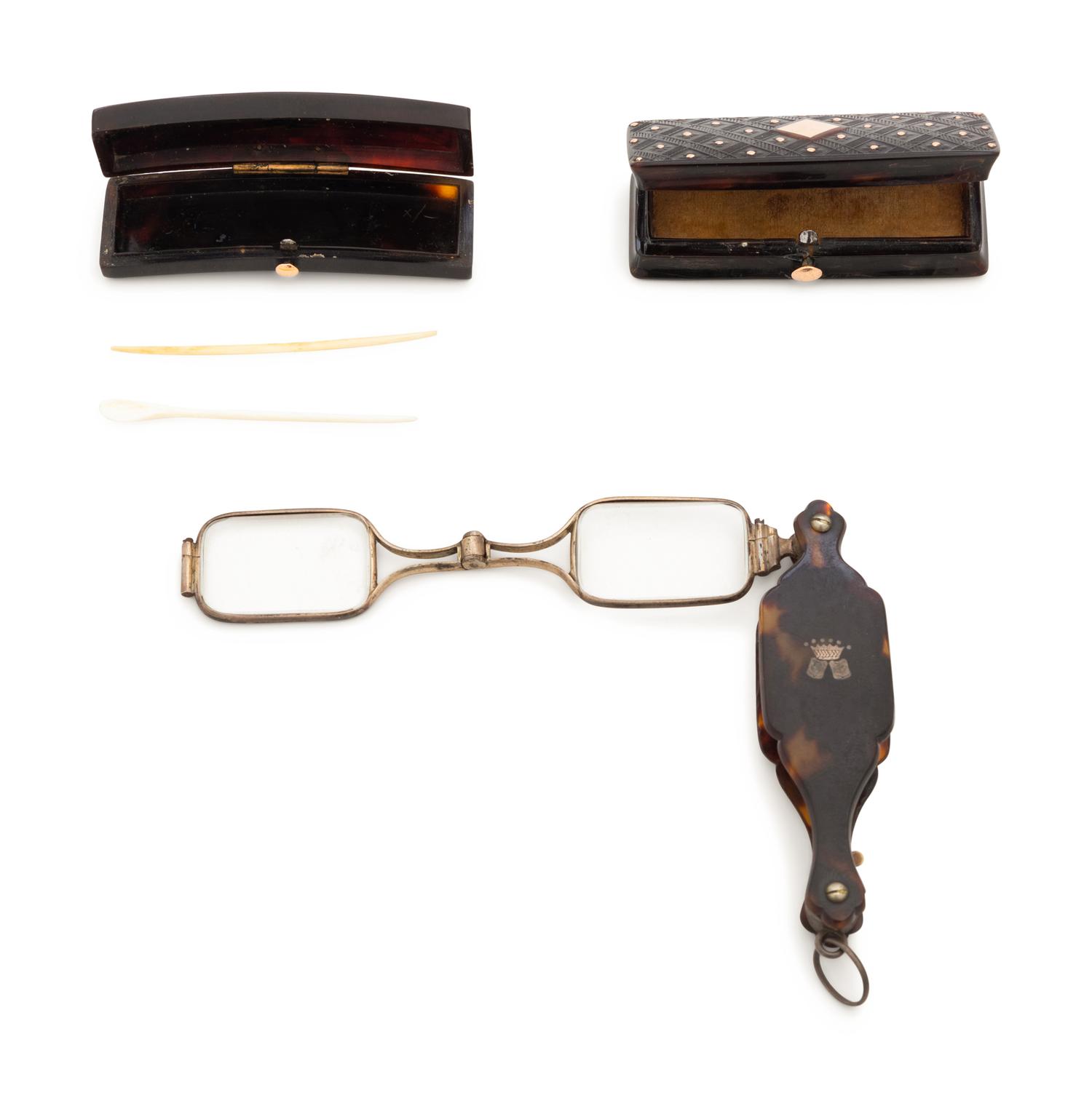 Two English Tortoise Shell Veneer and Rose Gold Inset Étuis