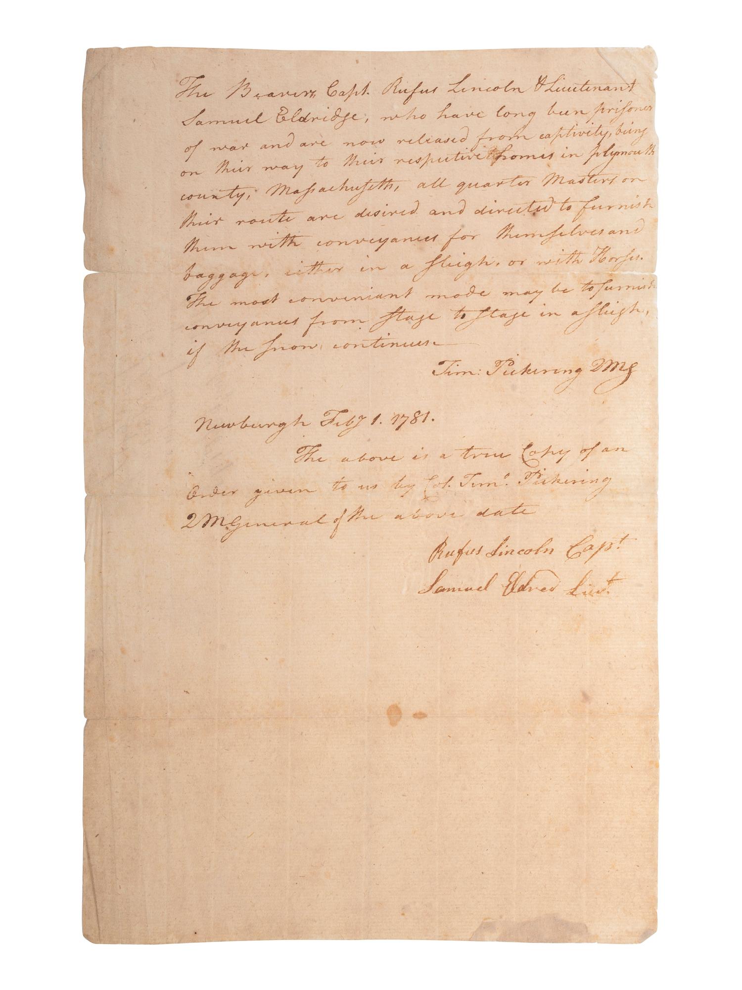 [REVOLUTIONARY WAR]. True copy of an order given by Timothy Pickering (1745-1829) as Quartermaster General. [Newburgh], [1 February 1781].