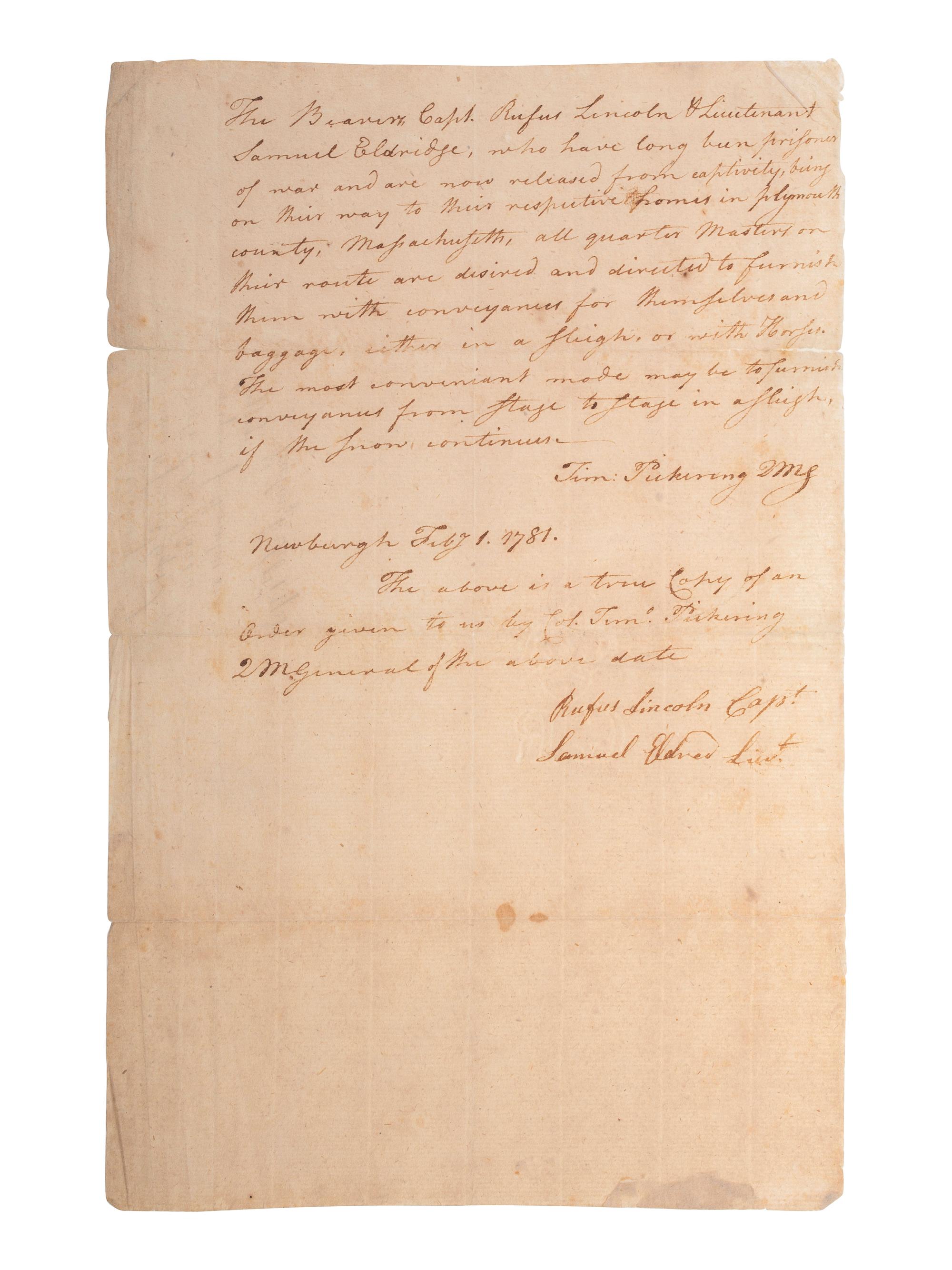 [REVOLUTIONARY WAR]. True copy of an order given by Timothy Pickering (1745-1829) as Quartermaster General. [Newburgh], [1 February 1781].