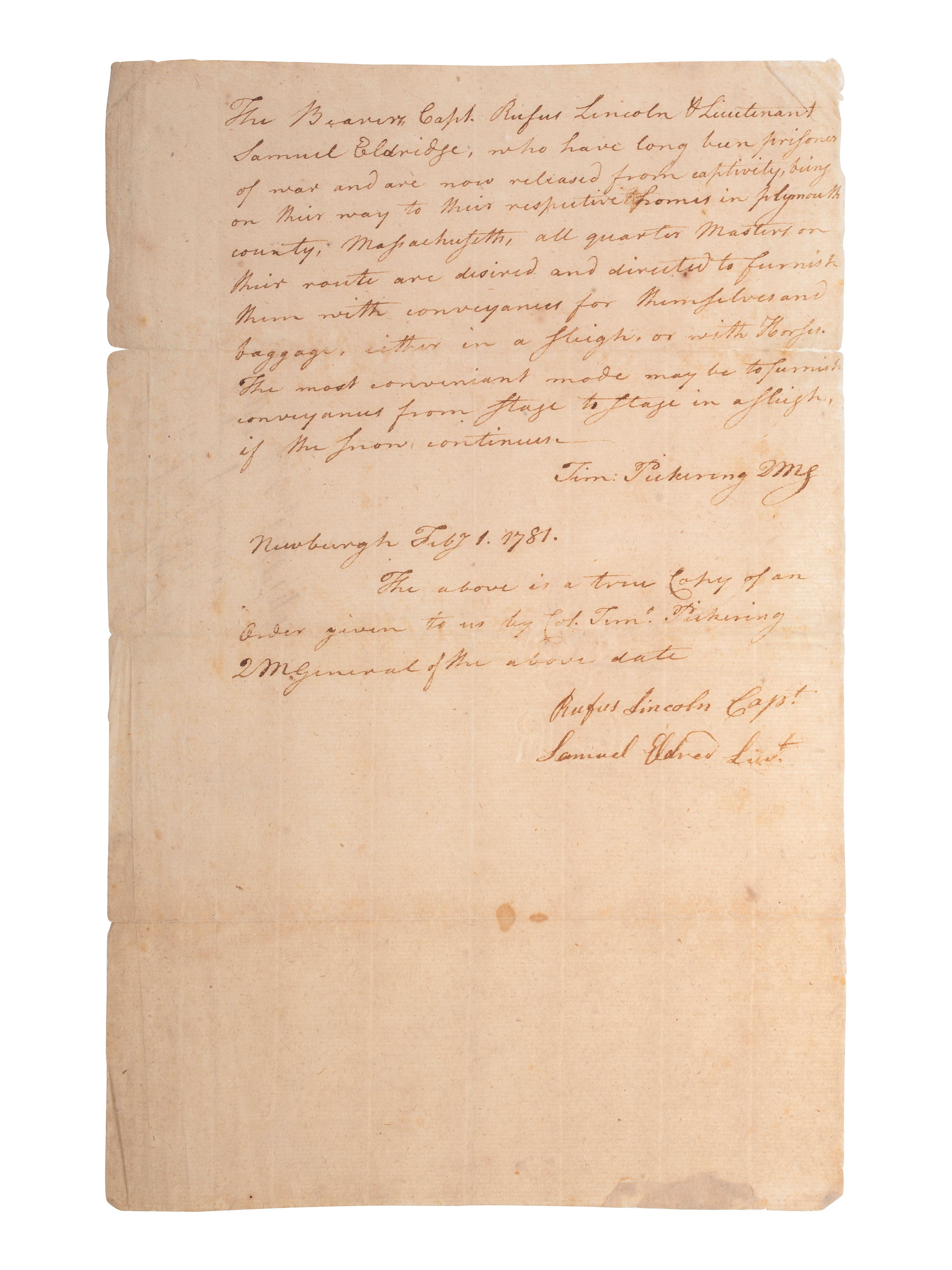 [REVOLUTIONARY WAR]. True copy of an order given by Timothy Pickering (1745-1829) as Quartermaster General. [Newburgh], [1 February 1781].