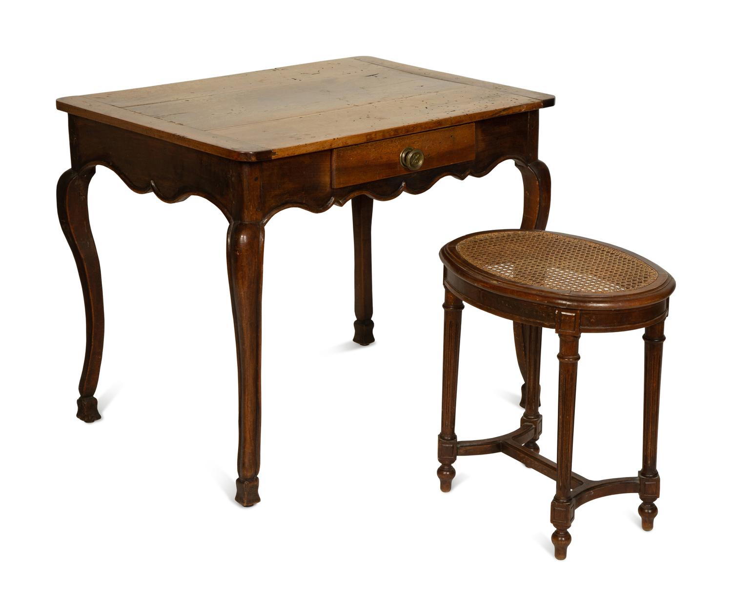 A Louis XV Style Side Table with a Louis XV Style Caned Seat Stool