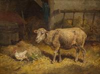 Cornelis van Leemputten, (Belgian, 1841-1902), Sheep and Chicken in Barnyard