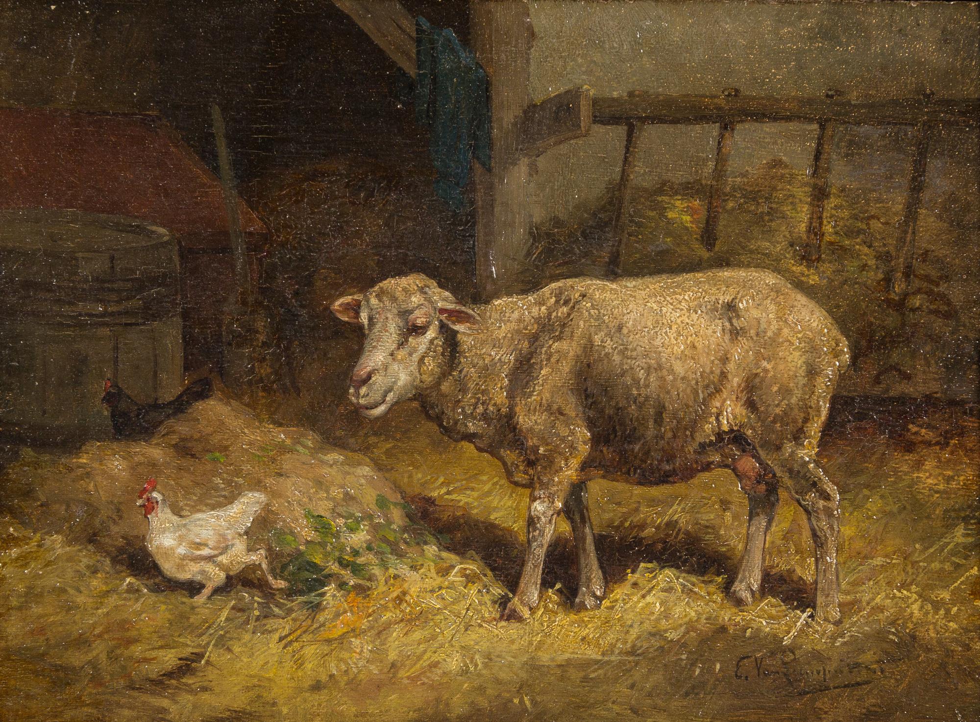 Cornelis van Leemputten, (Belgian, 1841-1902), Sheep and Chicken in Barnyard