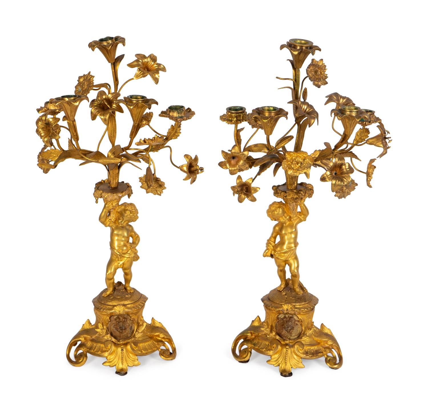 A Pair of Louis XV Style Gilt-Metal Five-Light Candlabra — 19TH CENTURY