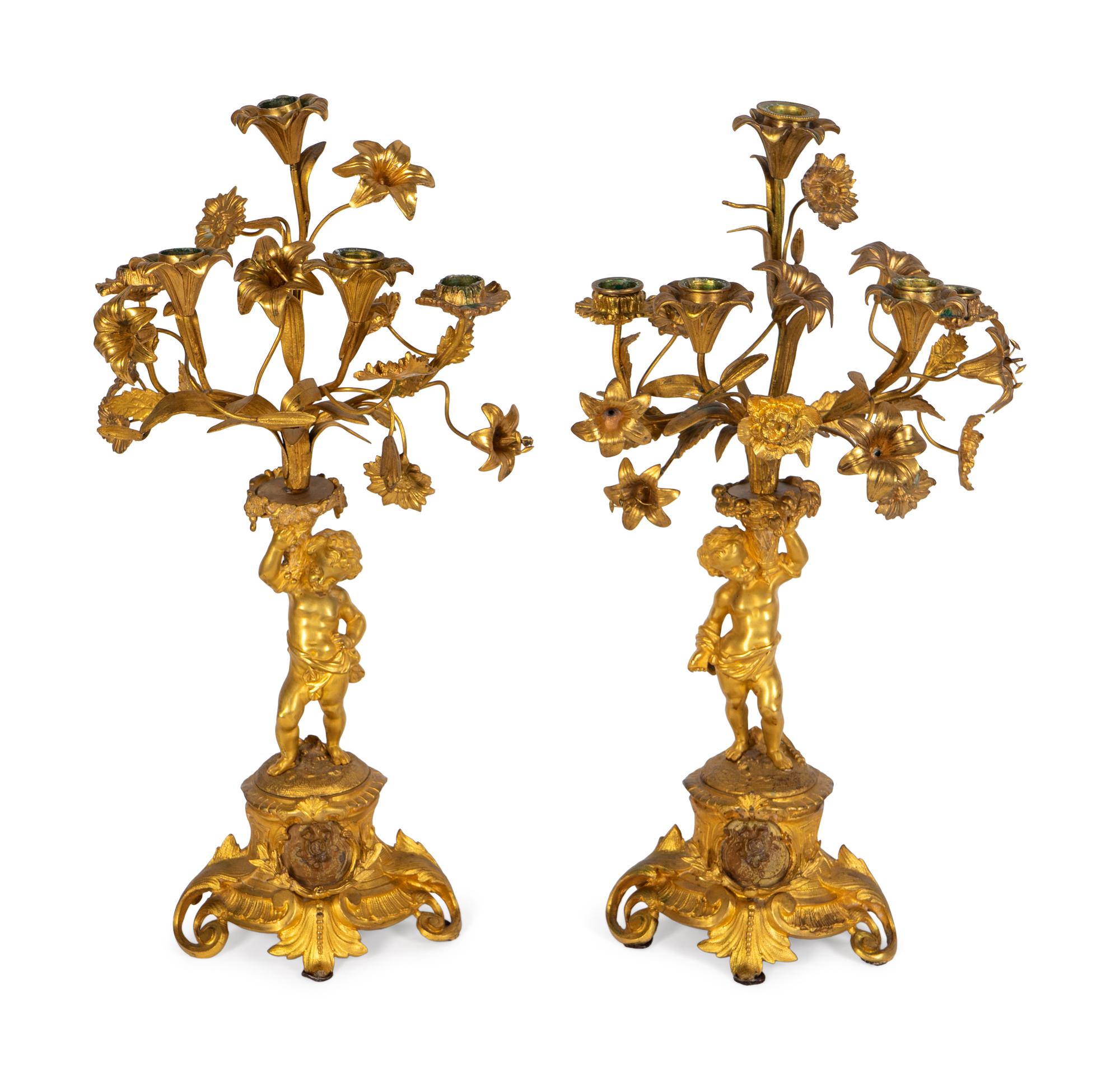A Pair of Louis XV Style Gilt-Metal Five-Light Candlabra — 19TH CENTURY