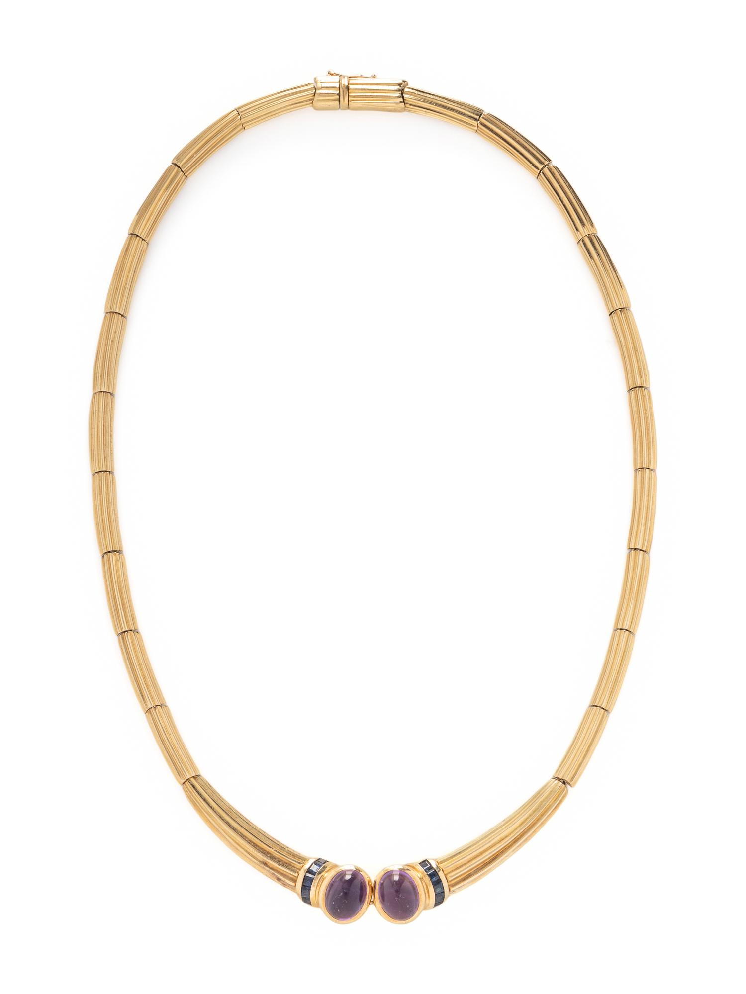 YELLOW GOLD, AMETHYST, AND SAPPHIRE NECKLACE