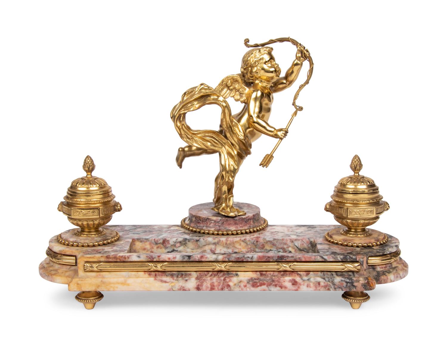 A French Gilt Bronze and Marble Encrier