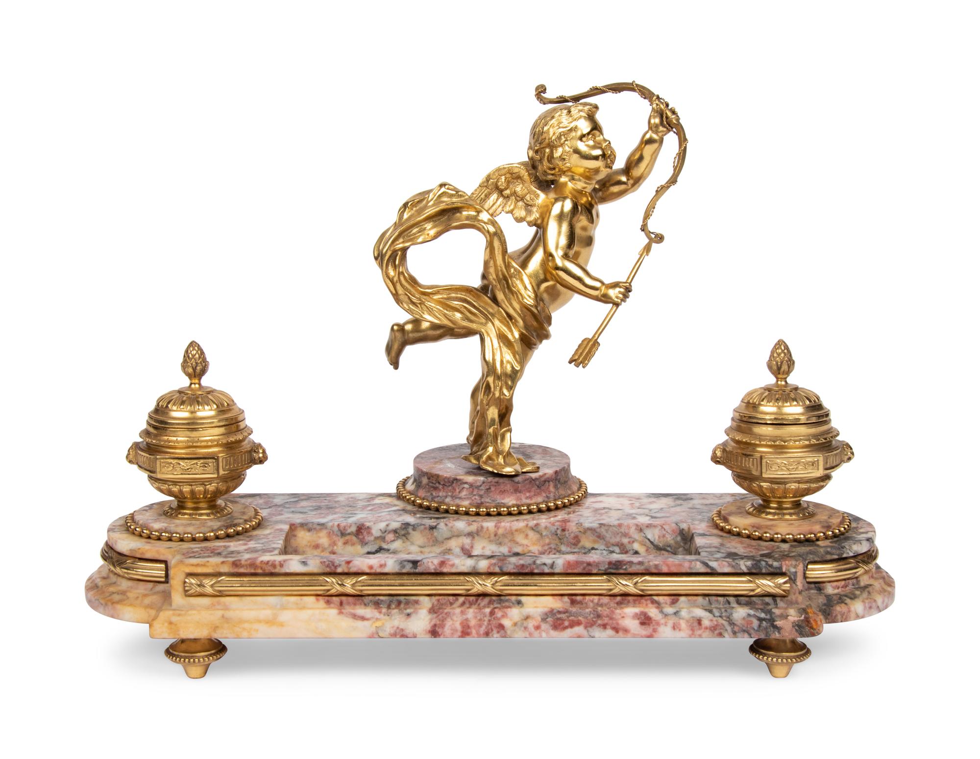 A French Gilt Bronze and Marble Encrier