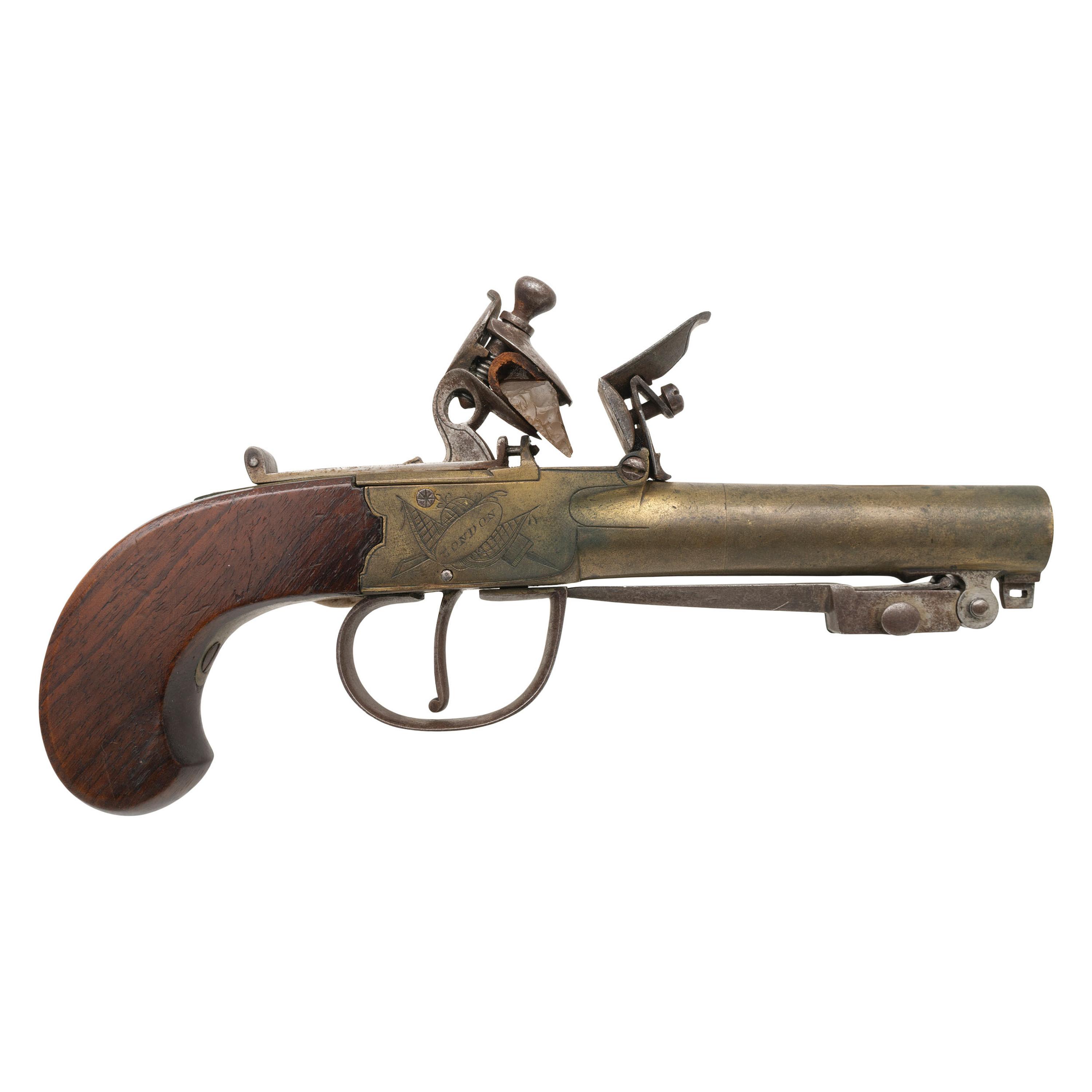 English Brass Box Lock Flint Pocket Pistol by I Hill with Snap Bayonet