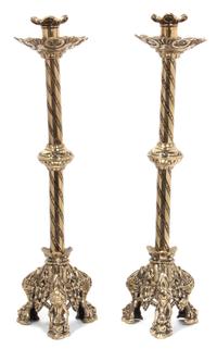 A Pair of Brass Pricket Sticks Height 17 inches. — 20TH CENTURY