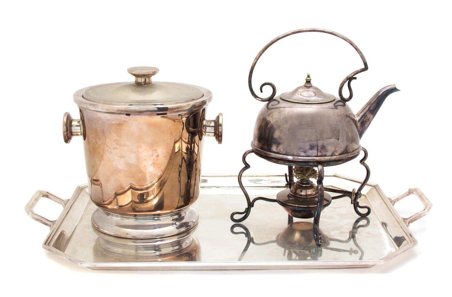 Three English Silver Plate Articles, , comprising a kettle on burner stand, an ice bucket and a two-handle tray.