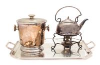 Three English Silver Plate Articles, , comprising a kettle on burner stand, an ice bucket and a two-handle tray.